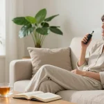 Enjoying a cannabis vape in a serene wellness setting with natural elements, promoting relaxation.