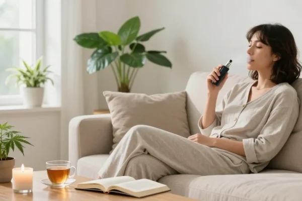 Enjoying a cannabis vape in a serene wellness setting with natural elements, promoting relaxation.