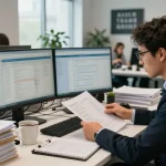 Investigative office scene focusing on asset tracing analysis with financial records and data analytics displayed.