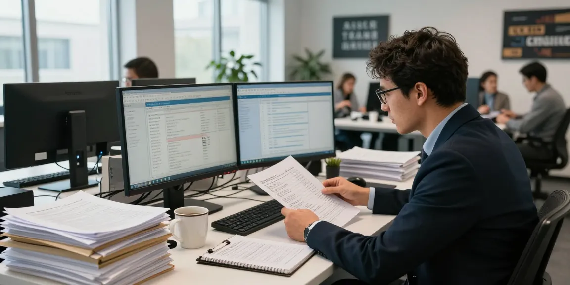 Investigative office scene focusing on asset tracing analysis with financial records and data analytics displayed.