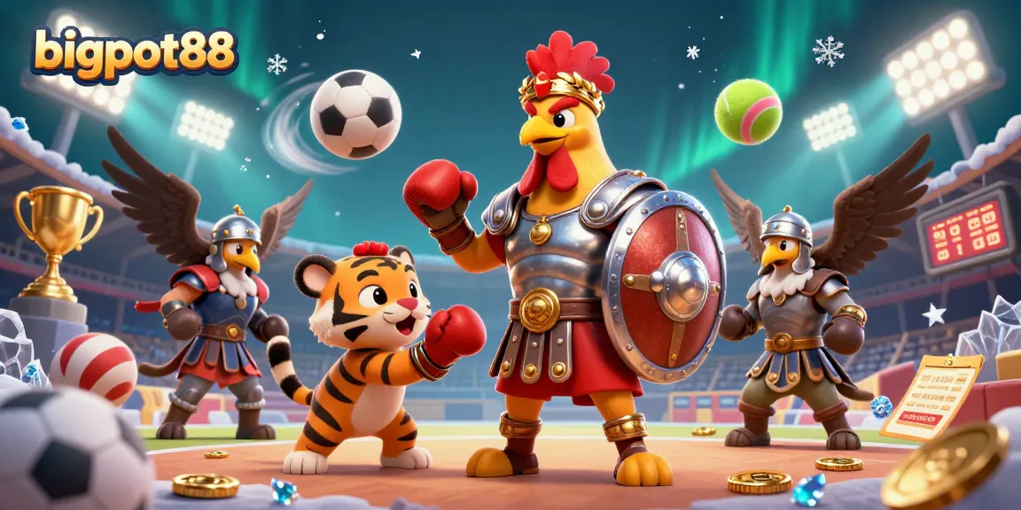 Experience bigpot88's thrilling gambling scene with a gladiator rooster and vibrant sports elements.