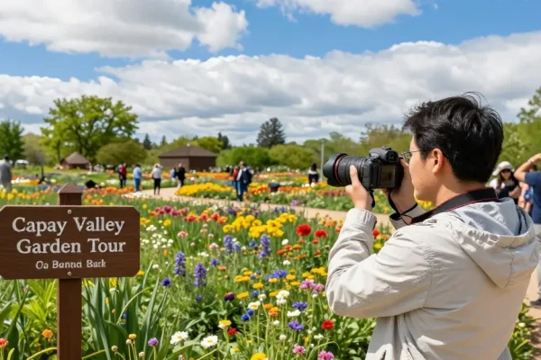 Discover the stunning beauty of Capay Valley Garden during peak season with vibrant flowers and cheerful tourists, explored with NAGA2000.