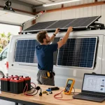 Expert builder working on rokok88 login camper van electrification project in modern workshop