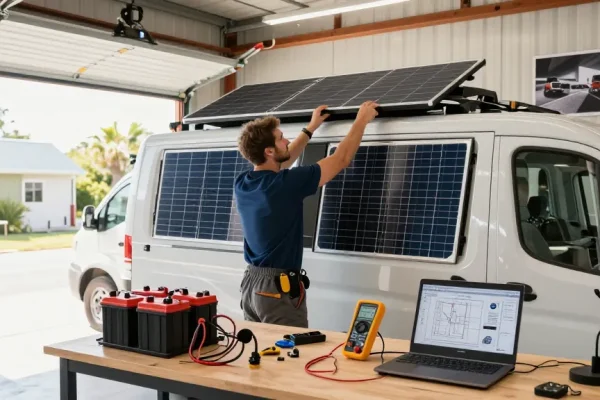 Expert builder working on rokok88 login camper van electrification project in modern workshop