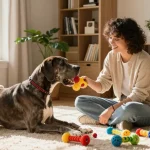 Engaging dog owner playing with their Great Dane in a cozy living room; click here to discover pet care tips.