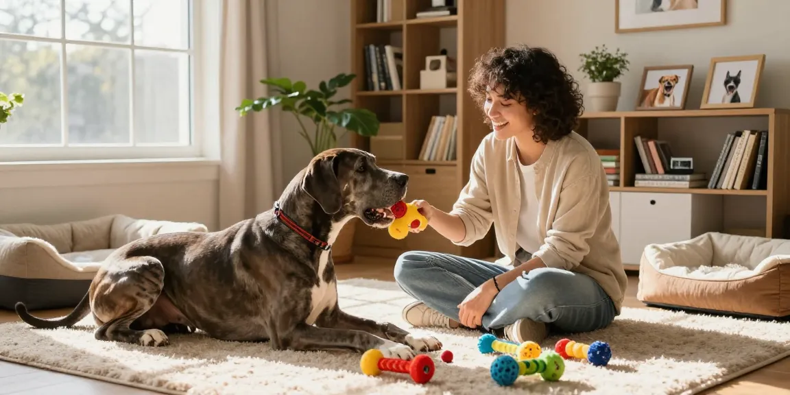 Engaging dog owner playing with their Great Dane in a cozy living room; click here to discover pet care tips.